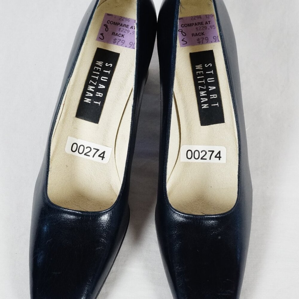 STUART WEITZMAN Leather Square Toe Heel Navy Blue Dress Shoe Size 8 AAA NEW